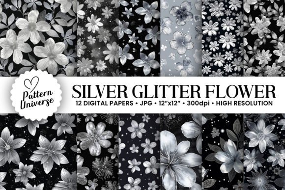 Silver Glitter Flowers Seamless Patterns
